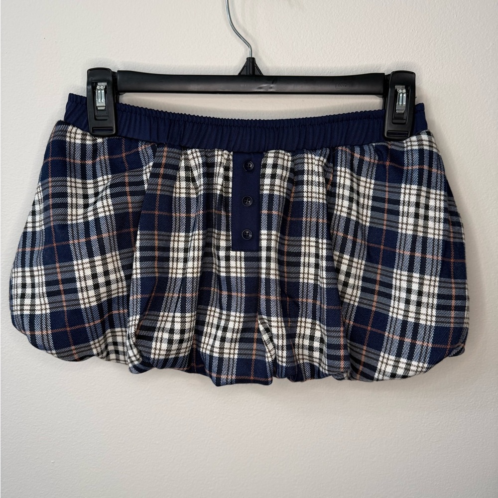 Edikted Navy Plaid Bubble Hem Mini Skirt